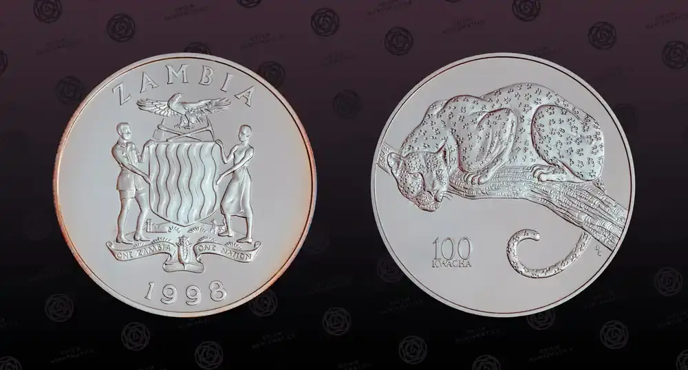 Super-Preis - ZAMBIA , KM 57 , Silver, 100 Kwacha, 1998, Proof, Leopard on a branch. Very rare silver proof coin in excellent condition! Coin PP