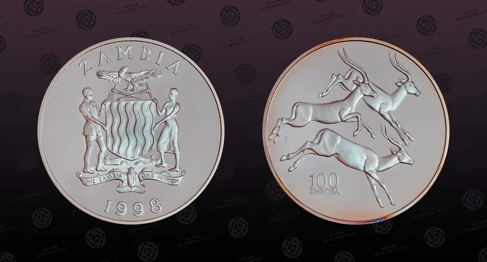 ZAMBIA , KM 60 , Silver, 100 Kwacha, 1998, Proof, 3 Antelopes jumping. Very rare silver proof coin in excellent condition! Coin PP | Top-Preis