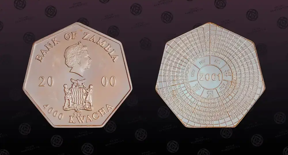 Einfache Rückgabe - ZAMBIA , KM 175 , Silver, 4000 Kwacha, 2000, Proof, Year 2001 Calendar. 7-sided. Nice coin in excellent condition! Coin has ful PP