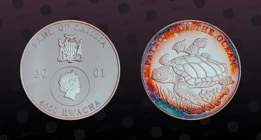 Preisvorteil | ZAMBIA , KM 110 , Silver, 4000 Kwacha, 2001, Proof, Patrons of the Ocean – Loggerhead sea turtle. Scarce silver Proof coin in e PP