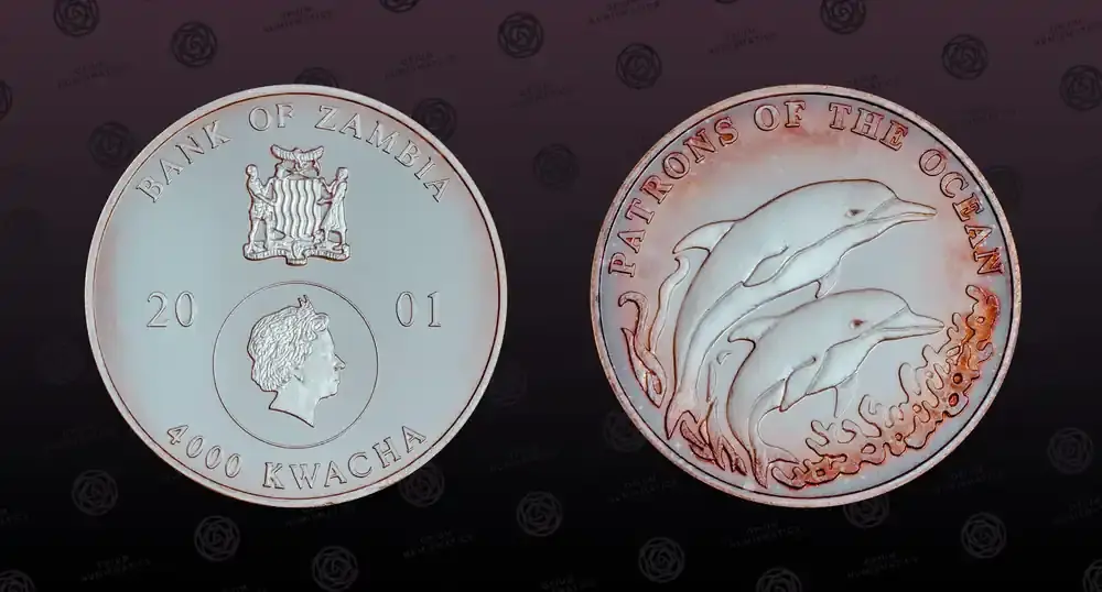 Jetzt sichern | ZAMBIA , KM 113 , Silver, 4000 Kwacha, 2001, Proof, Patrons of the Ocean – Two dolphins. Scarce silver Proof coin in excellent PP