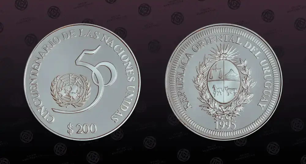 Premium - URUGUAY , KM 116 , Silver, 200 Pesos Uruguayos, 1995, Proof, 50th Anniversary – United Nations. Scarce silver proof coin! Hard PP