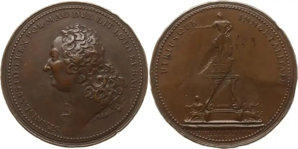 Preiswert - Frankreich, Königreich, Lothringen, Stadt Nancy Bronzemedaille 1755 v. Anna Maria de Saint-Urbain, auf die Errichtung des Denkmals für Louis XV. Sehr schön, SF im Feld, kl. RF, min. Tuscheziffer
