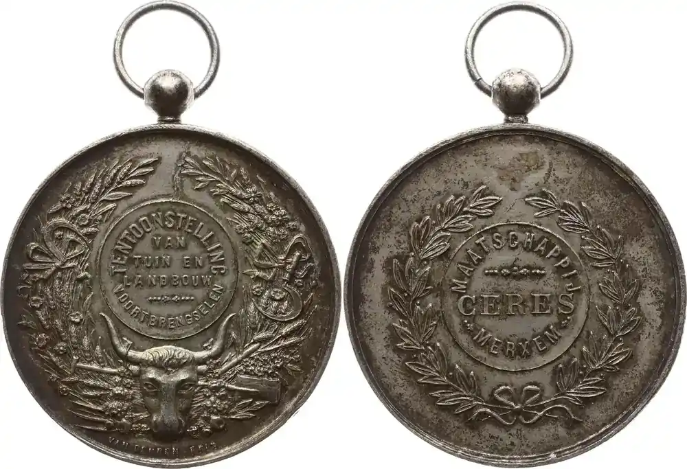 Belgien, Königreich, Antwerpen, Merksem Tragbare versilberte Bronzemedaille o.J. v. Van Oeuren-Fris? Preismedaille Garten- und Landwirtschaftsausstellung, CERES Sehr selten, sehr schön – vorzüglich, Originalöse und Ring | Begrenzte Stückzahl