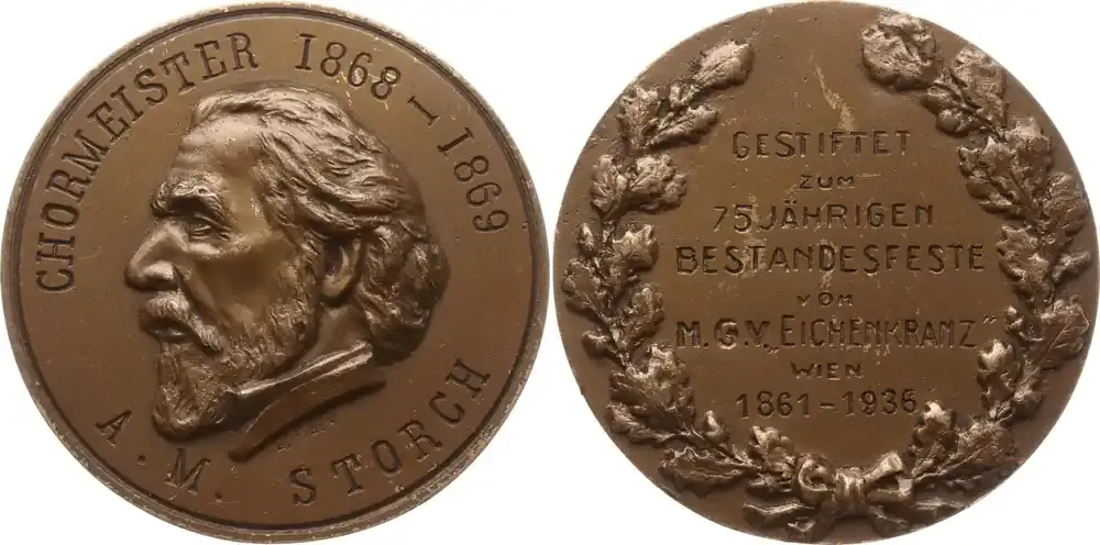 Österreich, 1. Republik, Stadt Wien Große Bronzemedaille 1936 Sign. A. Fiala, 75 Jahre MGV Eichenkranz Wien, Chormeister A.M. Storch Sehr selten, vorzüglich – Stempelglanz - Letzte Stücke