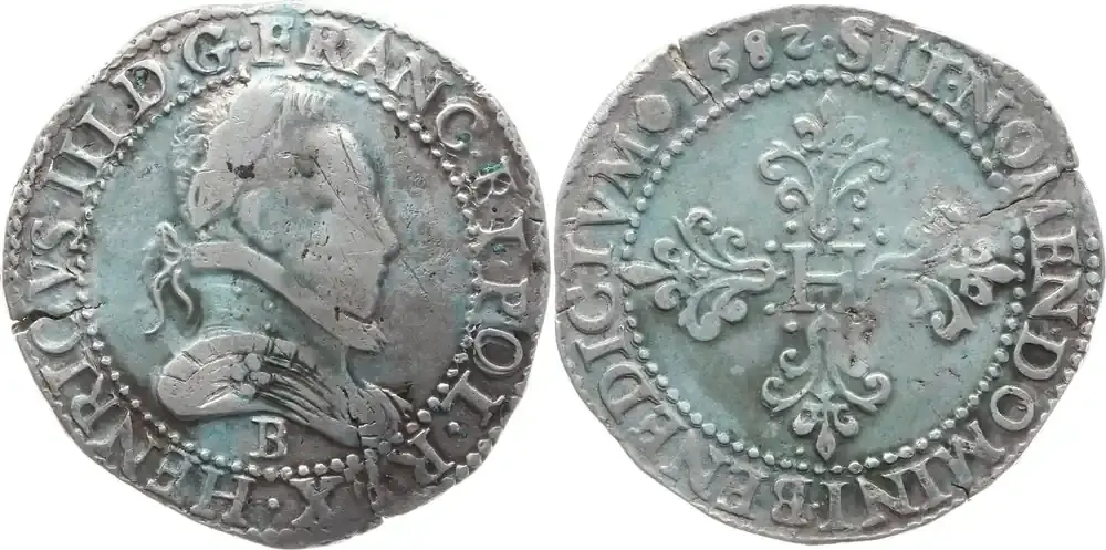 Kostenlose Rückgabe | Frankreich, Königreich Franc au col plat 1582 B Henri III., 1574 – 1589, Rouen Sehr selten, sehr schön, min. SR, Grünverfärbungen