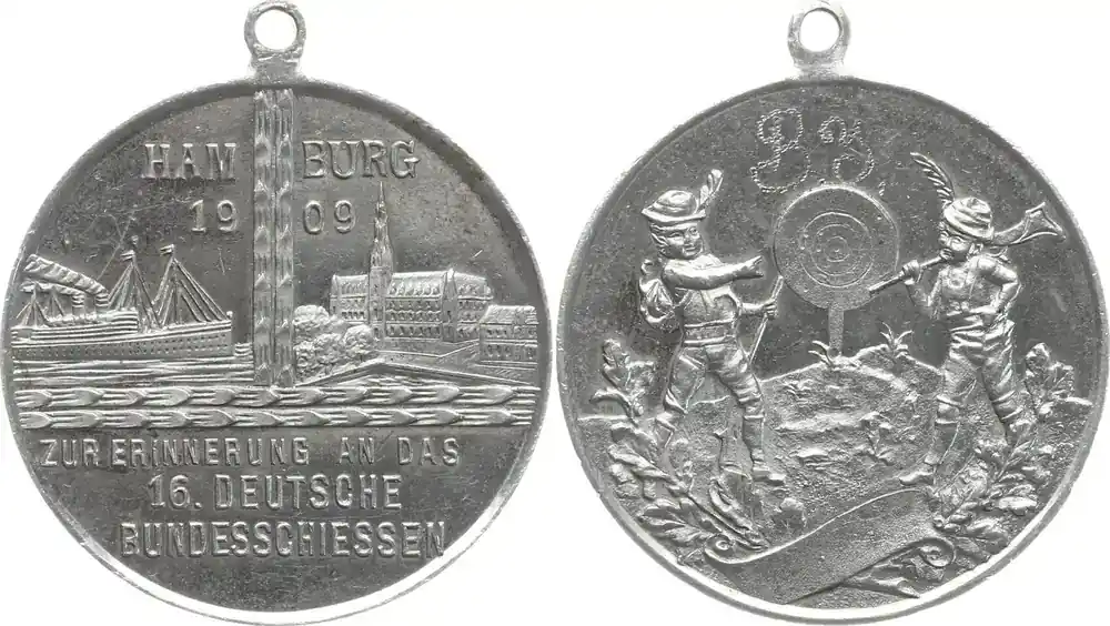 Topseller - Hamburg, Stadt Tragbare versilberte Bronzemedaille 1909 a.d. 16. Deutsche Bundesschiessen, Hafen, Schiff und Rathaus Äußerst selten, sehr schön – vorzüglich, mitgeprägte Öse, kl. Kr.