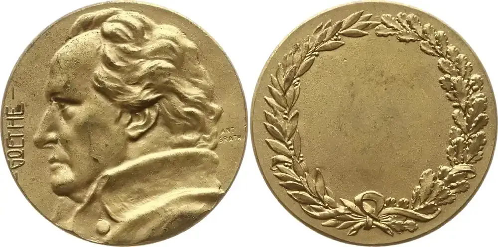 Weimarer Republik Vergoldete Bronzemedaille o.J. (~ 1920) v. Anton Grath, Johann Wolfgang von Goethe, 1749 – 1832, Preismedaille Sehr selten, vorzüglich | Endet bald