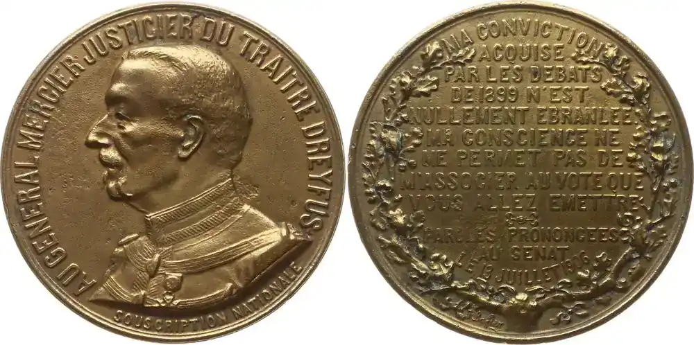 Kundenliebling - Frankreich, 3. Republik, Stadt Paris Bronzegussmedaille 1906 v. Baffier, a.d. Ablehnung der Rehabilitierung v. Dreyfus durch General Mercier Sehr schön – vorzüglich