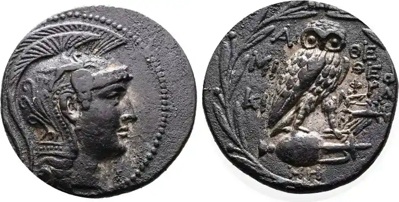 Greek Tetradrachm 165-42 BC Athens, Contract Dark & Yellowish Iridescent Tone, Rarer-Nike driving chariot! vz- | Jetzt bestellen