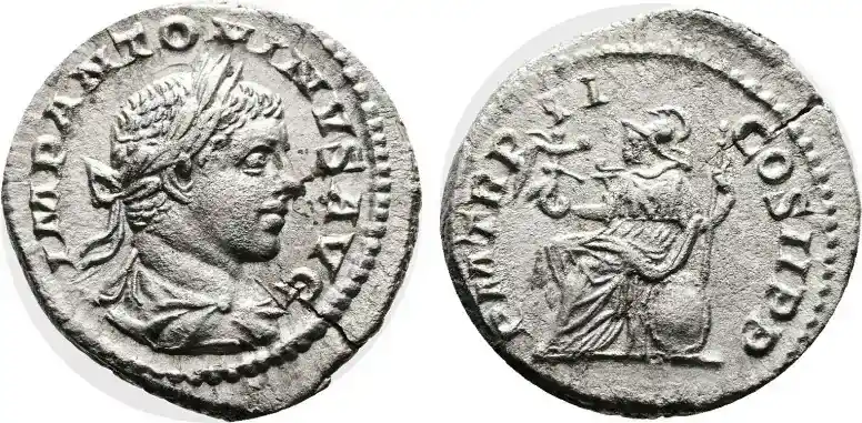 Top-Qualität | Roman Empire Denarius AD 219 Elagabalus. Roma holding Victory.