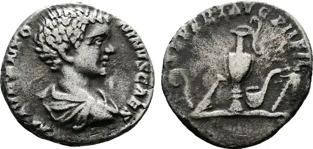 Roman Empire Denarius 196 AD Caracalla, as Caesar. Nicely Vontrasting Silverish Details and Deep Toning. Nice, very s | Sparangebot
