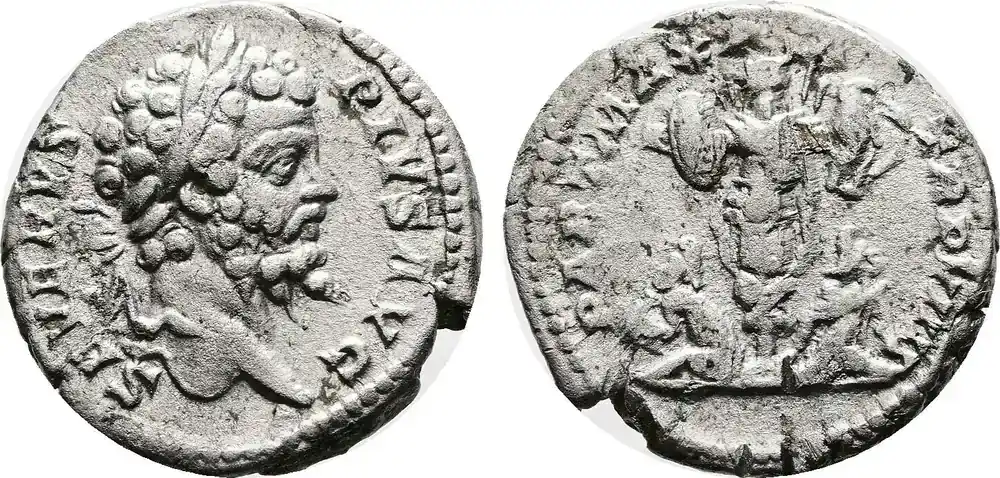 Roman Imperial Denarius 193-211 AD Septimius Severus. Trophy Between two Captives. ss+ | Extra sparen