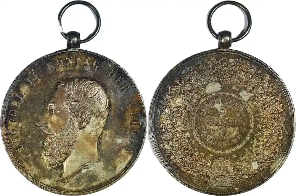 Qualitätsprodukt | Belgium Turnhout Historical Silver medal 1879 König Leopold II – Landwirtschaftliche Abteilungen Wettbewerb / E.M G EF Patina