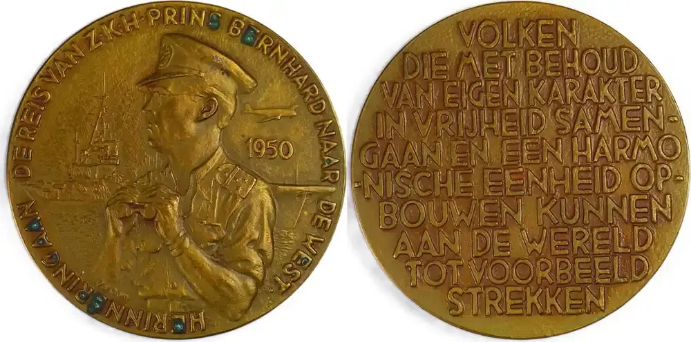 Netherlands Historical medal 1950 Reise von Prinz Bernhard in die Westindischen Gebiete / Pol Dom VPK VF | Neu verfügbar