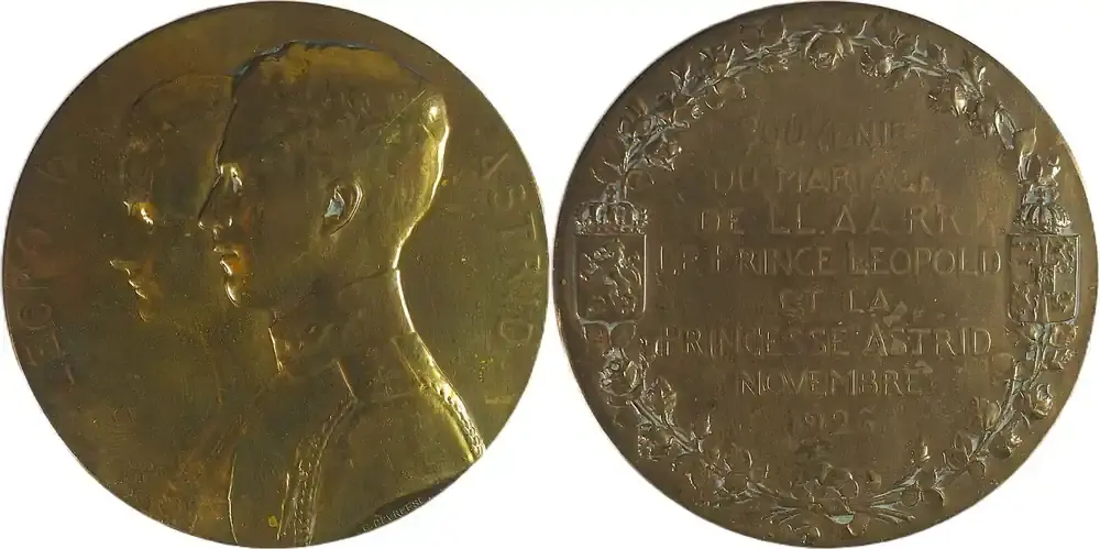 Belgium Historical medal 1926 Hochzeit von Prinz Leopold und Prinzessin Astrid von Schweden / G. Devreese VF Cleaned - Knallerpreis
