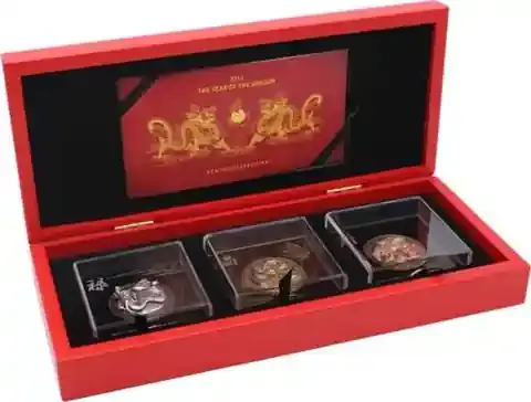3×1 Unze Silber 2012- Jahr des Drachens- mit Applikation- Dreidimensional | Sofort bestellbar