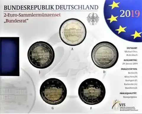 Nur noch wenige - Deutschland 5 x 2 Euro 2019 Stempelglanz – Bundesrat – ADFGJ im Folder