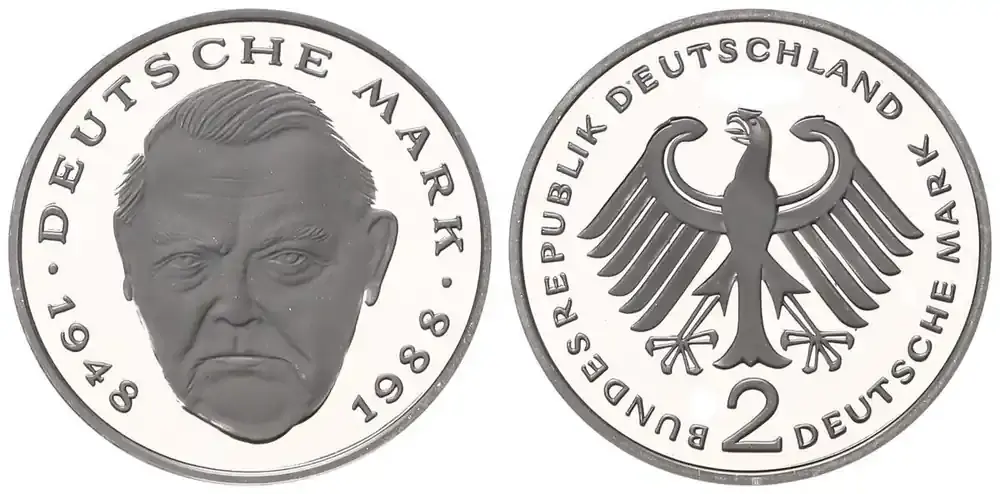 Deutschland / Markwährung 1999 A 2 DM Erhard J.445 besondere Erhaltung Polierte Platte, PP,(proof) - Nur wenige verfügbar