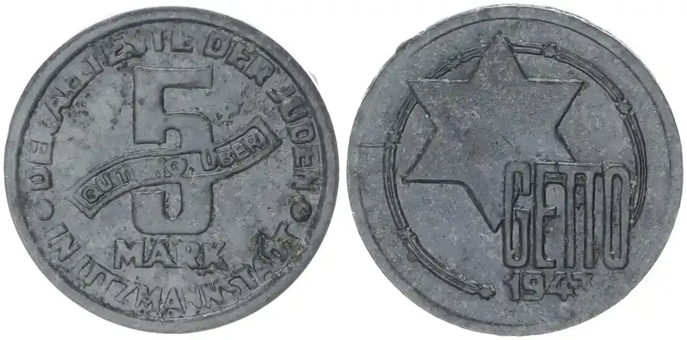 Deutschland / Polen / Getto Litzmannstadt 5 Mark (mit Echtheitszertifikat) 1943 MAGNESIUM !!! ss-vz/vz | Neuheit