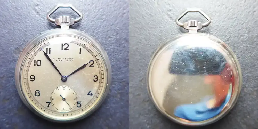 Deutschland, ca. 1950, HERREN TASCHENUHR, A. Lange & Söhne, Silber-0,900-Kal. 80-gute Funktion, 1950, altersentsprechende Gebrauchsspuren, siehe Fotos | Nur noch heute