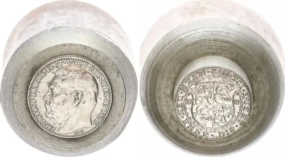 Bestseller - Deutschland / Weimarer Republik 2 Stempel Avers Patrize und revers Matrize Prägestempelpaar für die 10 Mark Probe 1928 auf Hindenburg vz