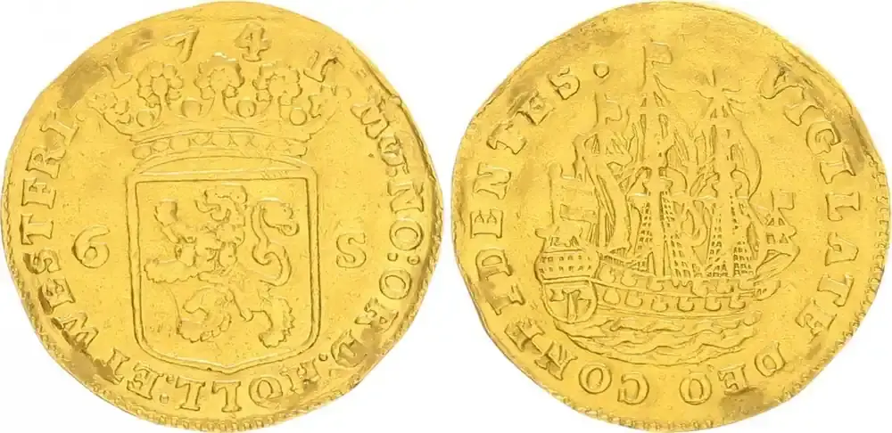 Vorteilspreis | Niederlande/Holland 2 Dukaten, Scheepjesschilling in Gold Niederlande Holland. Gold 6 Stuivers, 1741, Scheepjesschilling in Gold ss, deutliche Fassungsspuren