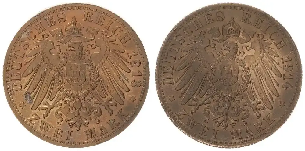Deutschland / Kaiserreich / Preußen Kaiserreich Preußen 2 Mark Probe Kopplung von Adlerseiten 1913/1914, vz,kl.Schrötlingsfehler - Bewährte Qualität