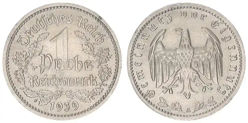 Deutschland / 3.Reich / PROBEPRÄGUNG III. Reich 1 Mark 1939 A Probe zu J.354 stark magnetisch mit Probe vz | Top-Deal