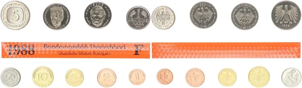 Deutschland / BRD / Kurssätze 1Pf. bis 5 DM BRD Kurssatz Einzelplatte 1988 F Stempelglanz | Neu verfügbar