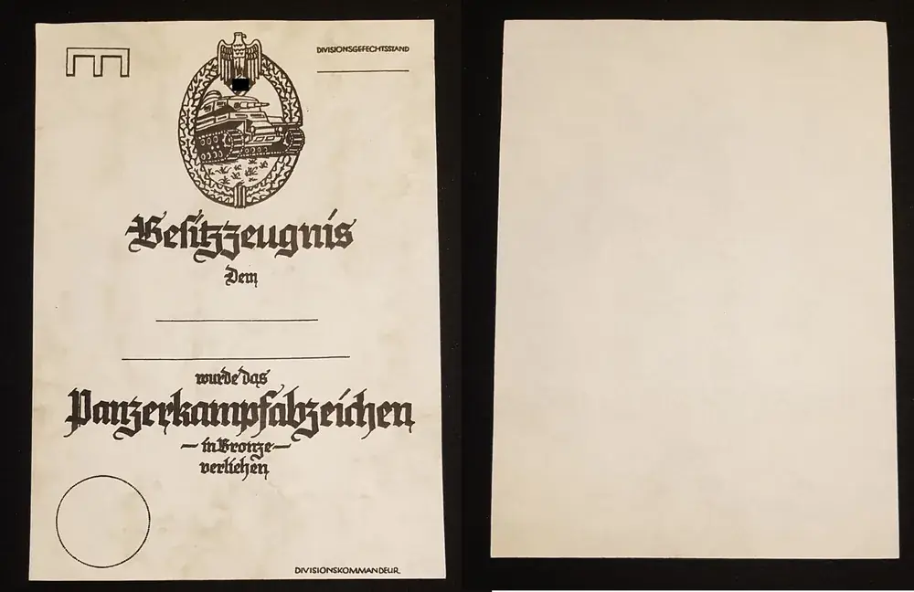 Sonderpreis - 3. Reich Urkunde Besitzzeugnis Panzerkampfabzeichen in Bronze Blanko sehr guter Zustand, Sammleranfertigung