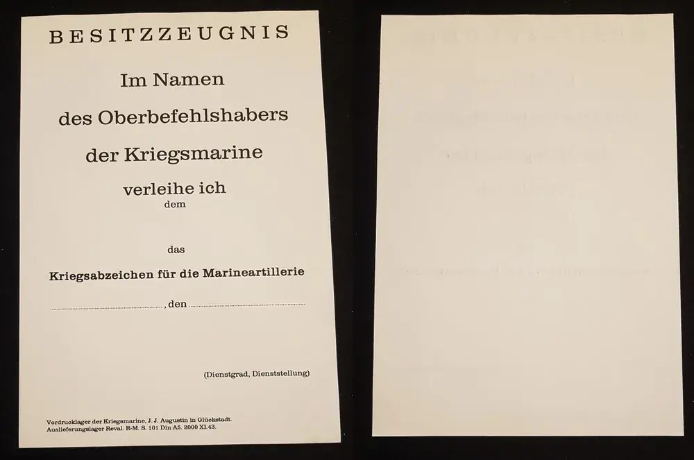 Geprüfte Qualität | 3. Reich Urkunde Besitzzeugnis Kriegsabzeichen für die Marineartillerie Blanko sehr guter Zustand, Sammleranfertigung