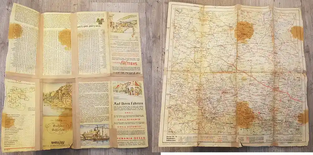 Deutschland Landkarte 1938/1939 Shell Stassenkarte Nr.13 Sachsen Schlesien gebraucht, geklebt | Neues Produkt