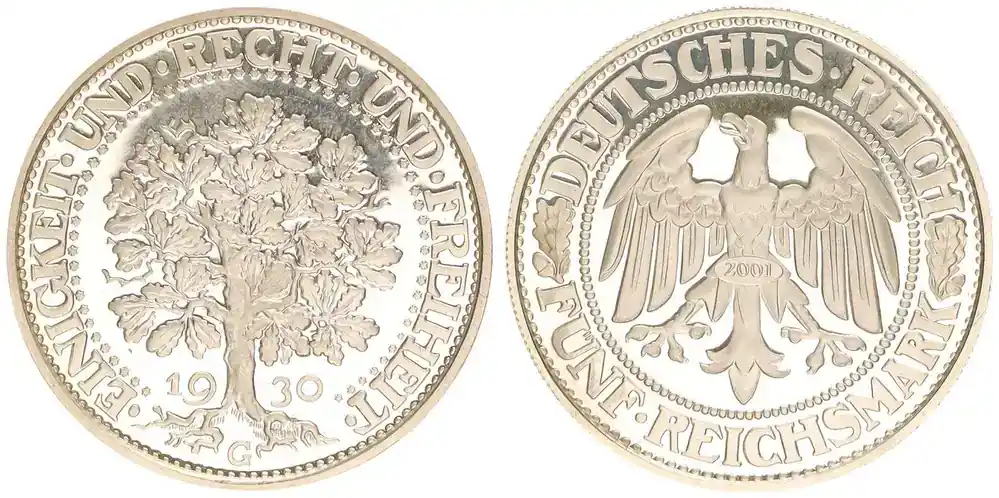 Jetzt neu | Deutschland / Weimar 5 Reichsmark offizielle Neuprägung 1930 G /2001 Weimar 5 Reichsmark Eichbaum 1930 G offizielle Neuprägung der Hamburger Münze Polierte Platte