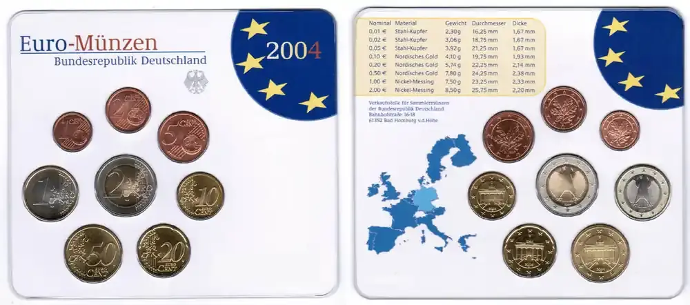 Sicher einkaufen | Bundesrepublik Deutschland Offizieller Kurssatz 2004 F Einzelplatte mit Euromünzen 1 Cent bis 2 Stempelglanz