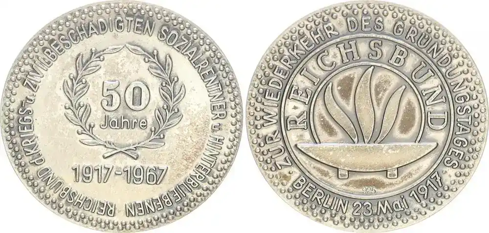Fast ausverkauft | Deutschland Silbermedaille 1967 zur Wiederkehr des Gründungstages 1917 Reichsbund vz