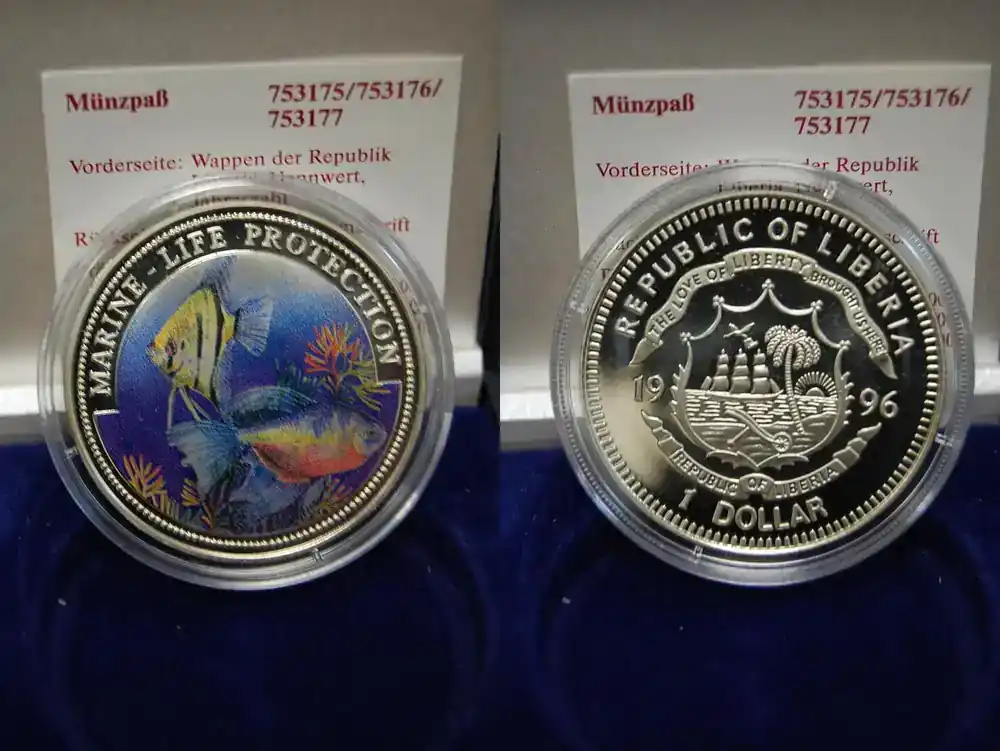 Farbmünze, Liberia 1996, 1 Dollar PP (Proof) - Zertifiziert