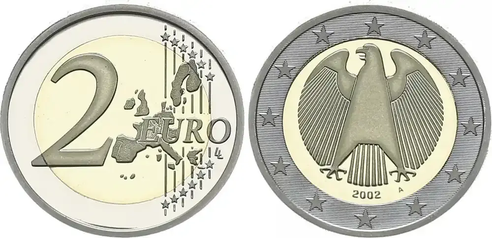 Reduziert - Bundesrepublik Deutschland 2 Euro KURSMÜNZE 2 Euro Deutschland 2002 A Polierte Platte in Münzkapsel Polierte Platte (PP, Proof) in Münzkapsel