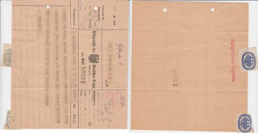 Kolonien / Deutsch Südwest-Afrika 1924 2 Telegramme aus DSWA – Rehoboth – Kiel gebraucht - Aktionspreis