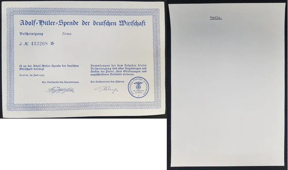 Online bestellen | Deutschland / 3. Reich Adolf Hitler Spende „Blanko“ 1939 Adolf Hitler Spende der deutschen Wirtschaft N°433268 Werla TOP Zustand