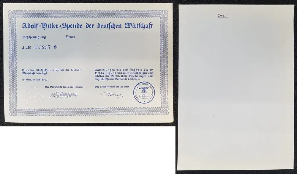 Deutschland / 3. Reich Adolf Hitler Spende „Blanko“ 1939 Adolf Hitler Spende der deutschen Wirtschaft N° 433237 Leer TOP Zustand | Kundenfavorit