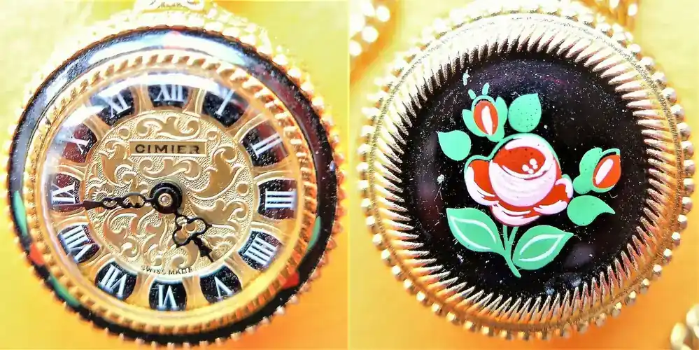 Schweiz, Damen Taschen-/Anhängeruhr, unbek. Herstellungsjahr, niedliche HALSKETTEN UHR mit Rosen, gute Funktion, eher neuerer Bauart, altersentsprechende Gebrauchsspuren, siehe Fotos - Sofort bestellen