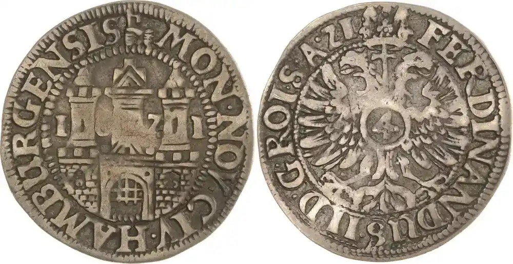 Gleich bestellen - Hamburg, Stadt Zwitter 1/8 Taler zu 4 Schilling 1621 Äußerst selten. Kl. Prägeschwäche, leicht gewellt, sehr schön