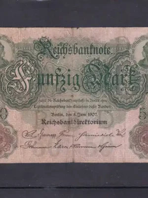 Zertifiziert | Kaiserreich, Deutsche Reichsbank, 50 Mark 1907 Ro.29,DEU-26, Serie A, stark gebraucht IV,