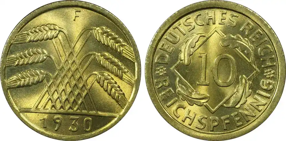 Schneller Versand - Weimarer Republik 10 Reichspfennig 1930-F Reichspfennig Stgl. feinst! PCGS MS68, ALLEIN TOP POP!