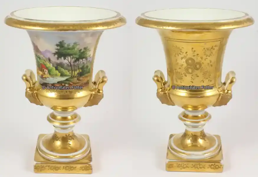 Preussen um 1830 Biedermeier / Empire / Kratervase / handbemaltes Porzellan mit Maskaronhenkeln 2-3 | Meistverkauft