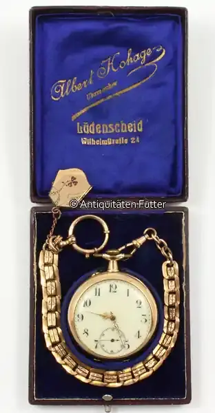 Lüdenscheid / Schweiz Um 1900 Offene Herrentaschenuhr in 585er Gelbgold mit Uhrenkette, Medaillon Anhänger 2-3 | Ausverkauf