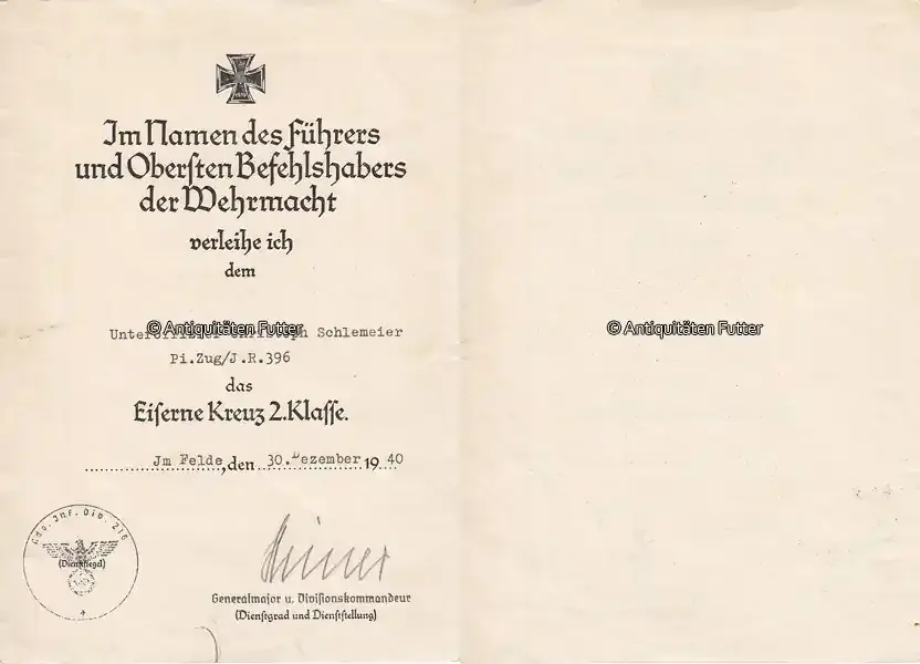 Geprüfte Qualität | Drittes Reich 1940 Urkunde/Verleihung des Eisernen Kreuzes 2. Klasse mit eigenh. Unterschrift Himer