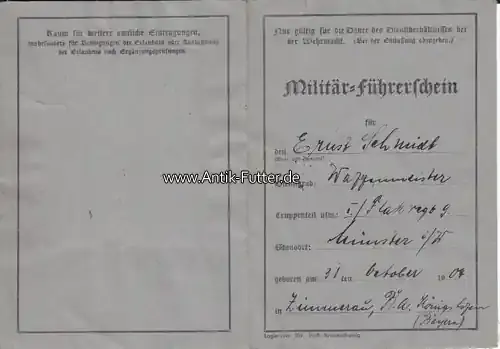 Drittes Reich/Dortmund 1937 Militär-Führerschein des Waffenmeisters Ernst Schmidt 2 - Jetzt bestellen