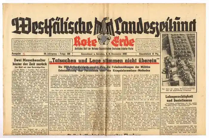 Brandneu | Drittes Reich / Westfalen 5./6.12.1942 Westfälische Landeszeitung Rote Erde / Amtliches Blatt der NSDAP 2-3